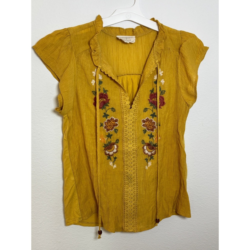 Flower & Feather Mustard Yellow Embroidered Boho Blouse Flutter Sleeve Large